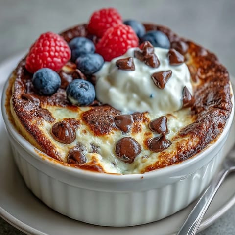 Einzelporsi: Einfaches, schnelles Rezept für ein gebackenes Protein Pancake Bowl ohne Banane, perfekt zum Frühstück.