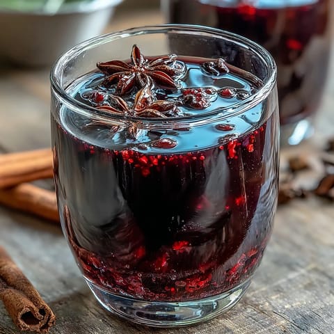 Zu einem Glas mit dunklem, rubinrotem Homemade Spiced Blackcurrant Vodka Liqueur, gespickt mit einem Zimtstern und Sternanis, liegt ein Hauch von frischer Zitronenschale auf dem Tisch.