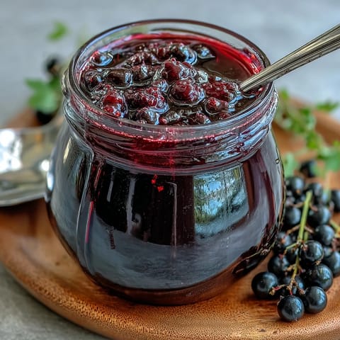 Glas mit leuchtend rubinrotem Black Currant Shrub, einem tangigen drinking vinegar aus Johannisbeeren, neben einem sprudelnden Mixgetränk und frischen Beeren.