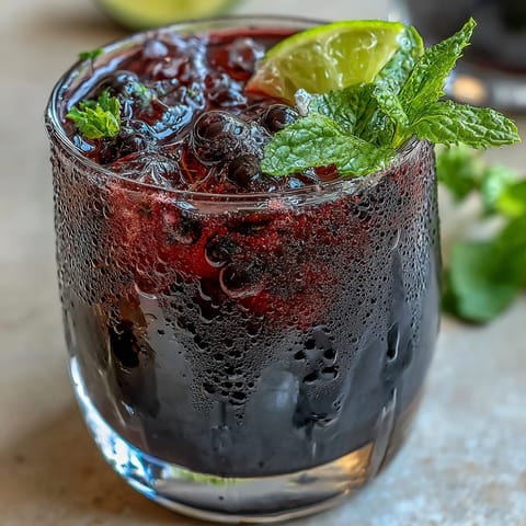 Schwarze Johannisbeer Mojito mit Minzblättern und Limettenwedge garniert, serviert mit zerkleinertem Eis für erfrischende Sommergefühle.