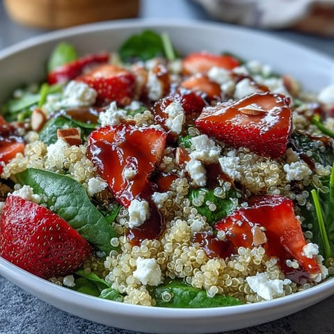 Frische Erdbeer-Feta-Quinoa-Salat mit Balsamico-Dressing, serviert in einer weißen Schüssel.