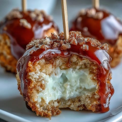 Kleine Candy-Apple-Bissen auf Zahnstocher-Spießen mit glänzender roter Zuckerglasur.