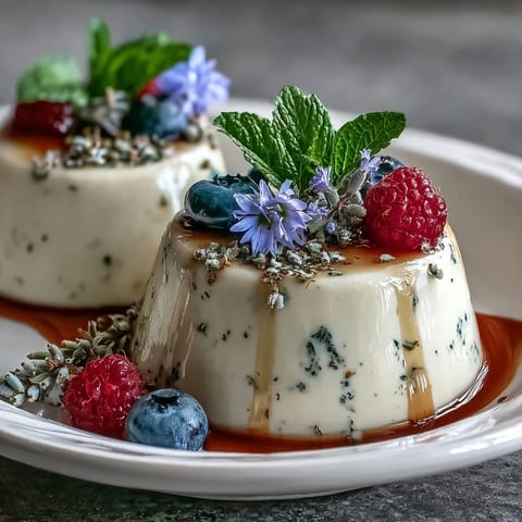 Zarte Honig-Lavendel-Panna Cotta mit glänzender Oberfläche und frischen Beeren