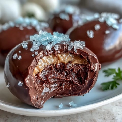 Hausgemachte dunkle Schokoladen-Erdnussbutter-Oster-Eier werden mit salziger Meersalz-Krone serviert.