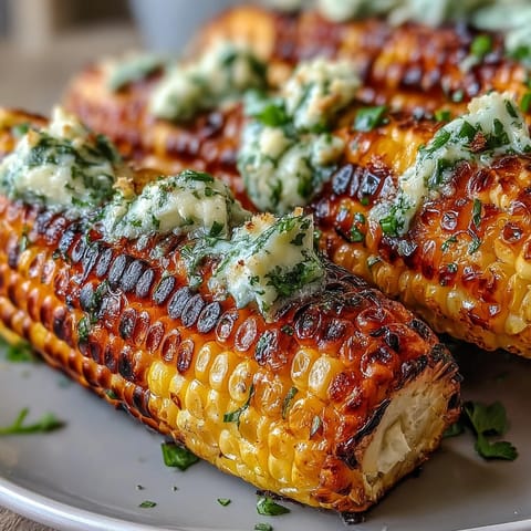 1. Memorial Day Grilled Corn mit vier Kräuterbutter-Varianten – perfekt gegrillter Mais auf dem Rost, serviert mit frischen Kräuter-Butter-Schälchen für ein festliches Sommer-BBQ.