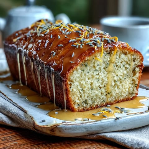 Zitronen-Lavendel-Brotkuchen mit Honigglasur – duftendes, feuchtes Gebäck mit zitroniger Frische und floralem Lavendel, verfeinert mit einer süßen Honigglasur.