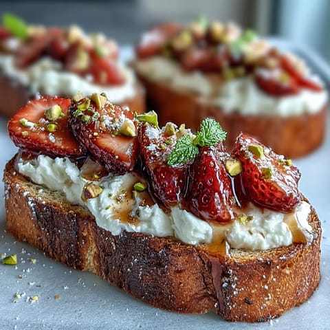 Erdbeer-Honig-Ricotta-Toast mit Pistazien, ein farbenfroher und eleganter Snack oder Frühstücksgenuss.