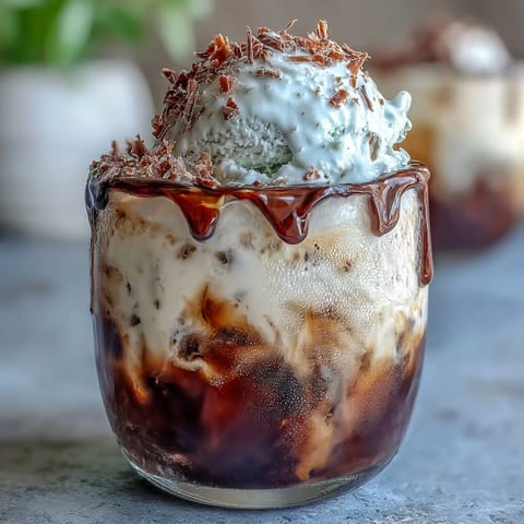 Kokos-Kaltbrühe-Schwimmer mit Vanille-Eiscreme: Eine cremige, tropische Mischung aus kaltem Kaffee und Vanilleeis in einem Glas.  