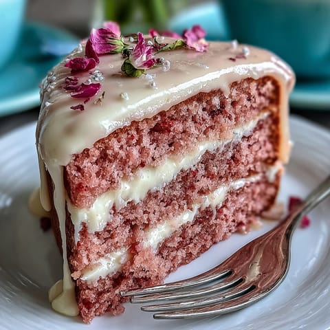 Rosé-velvet-Kuchen mit goldener Glasur: Zarter, rosa-farbener Kuchen mit Rosé-Aroma, cremiger Frosting und eleganter Goldtropfen-Dekoration.  