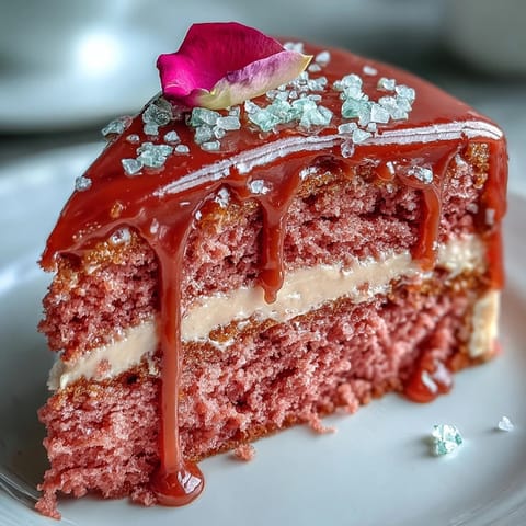 Eine rosa Samttorte mit Rosé-Wein-Infusion und glitzerndem Gold-Drip.