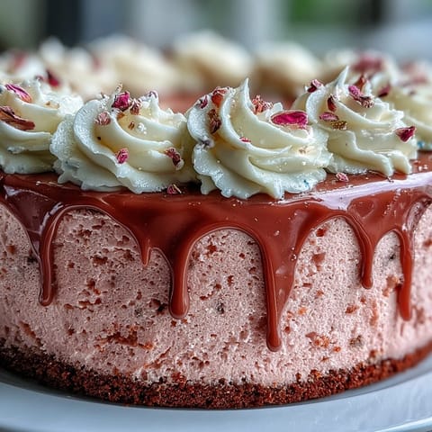Hochzeits-Brunch Rosé-Velvet-Kuchen mit Goldtropfen auf einem eleganten Kuchenteller, dekoriert mit rosafarbenem Samt und glänzendem Goldüberzug.  