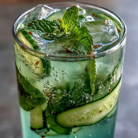 Strahlende Gurken-Minz-Limonade: Erfrischendes, eisgekühltes Sommergetränk serviert in einem Glas.