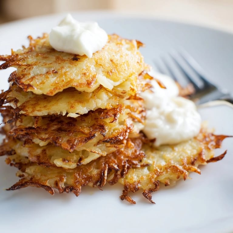 Nahaufnahme von köstlichen deutschen Kartoffelpuffern, außen knusprig und innen weich, perfekt zum Frühstück.
