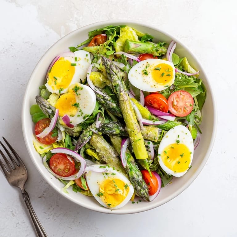 Bunte Eiersalat-Bowl mit zartem Spargel, Ei und frischen Kräutern anrichten.