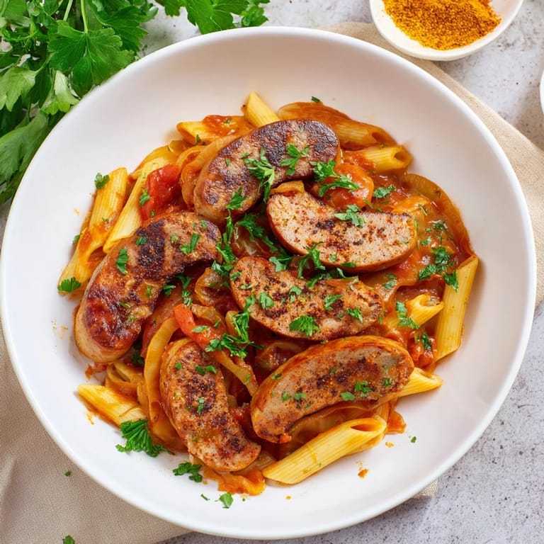 Close-up of One-pot Currywurst Pasta, a comforting and flavorful German-inspired pasta dish.