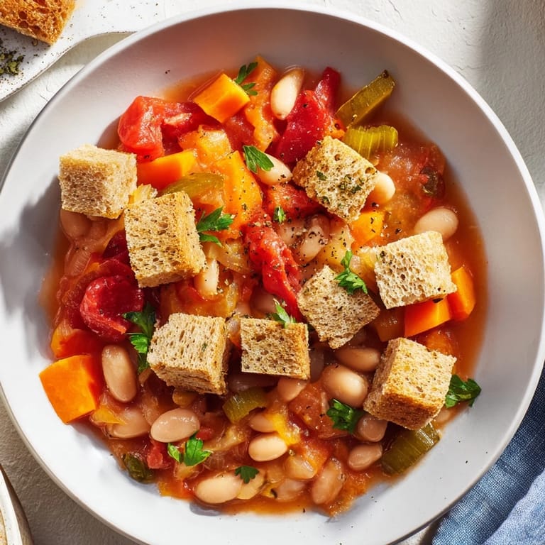 A spoon scooping up the flavorful Rustic German Bean & Tomato Stew with visible vegetables and beans.