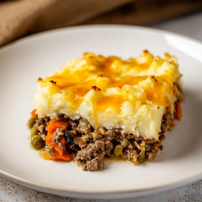 Warm, appetizing close-up of a Rustic German Shepherd's Pie, perfect for a cozy, delicious meal.