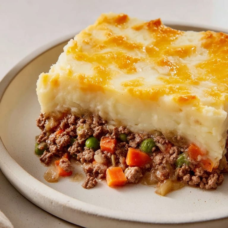 This German Shepherd's Pie shows a bubbling ground beef filling, topped with cheese and ready for eating.