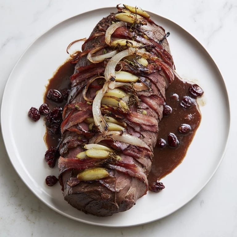 Close-up of hearty Braised Beef Roulades, with a glistening goji berry gravy, a German favorite.