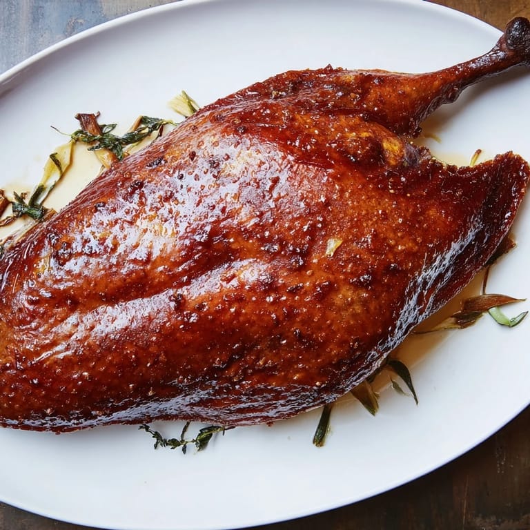 A close-up of a beautifully roasted festive roast goose, glistening with a flavorful spice rub.