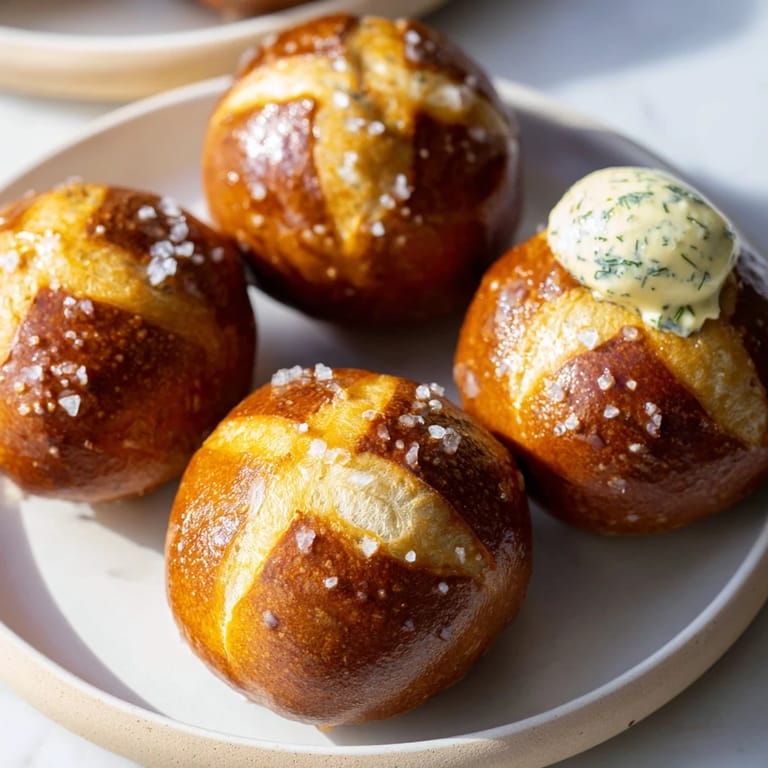 Close-up shot: freshly baked pretzel bites from a Christmas Market, offered with creamy zaatar butter.