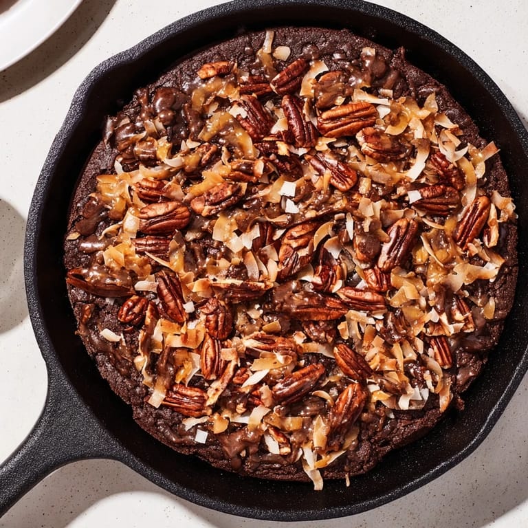 Warm, gooey German chocolate skillet cookie with a sweet coconut-pecan topping, ready to serve!