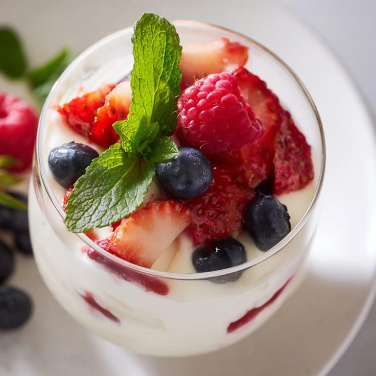 Individual Berry Bavarian Yogurt Cups, garnished with fresh mint, a beautiful, chilled dessert.