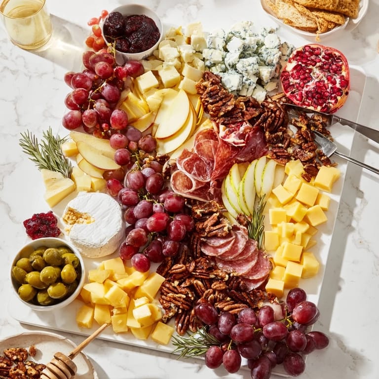 Holiday-ready Jingle Bell Cheese Board: assorted cheeses, grapes, and crackers create a stunning appetizer display.