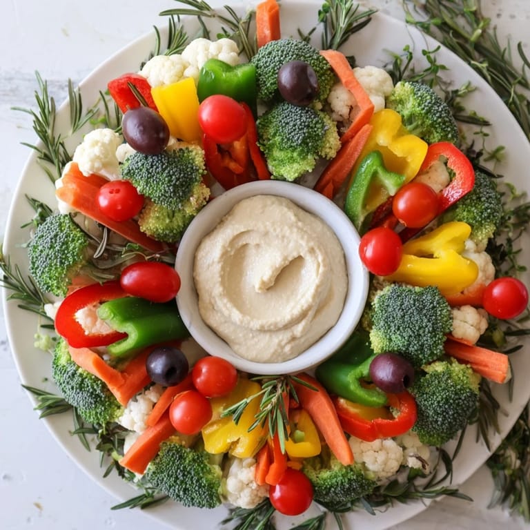 A visually stunning Garland Veggie Wreath, showcasing fresh broccoli, tomatoes, and peppers, ready for dipping and enjoying.