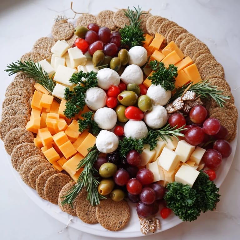 Festive Jingle Bell Cheese & Cracker Wreath arranged on a platter, perfect for a holiday party spread.