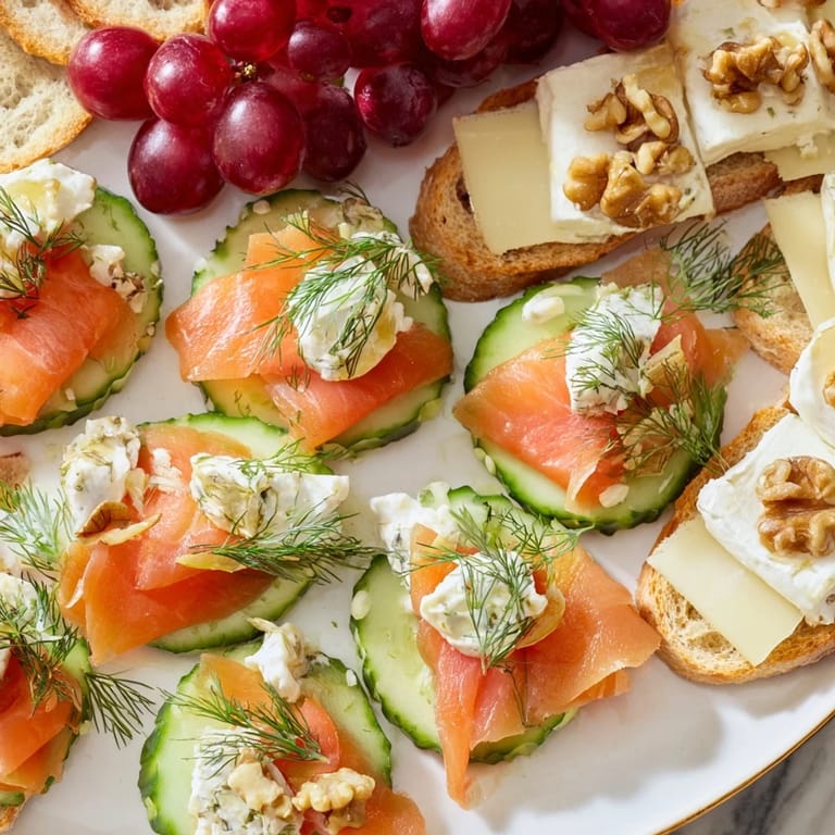 Delectable Champagne pairings, inviting you to enjoy brie-topped baguette rounds and fresh fruit bites.