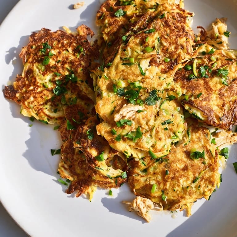 Savory High-Protein Chicken Zucchini Fritters with visible herbs, perfect for a flavorful, low-carb lunch.