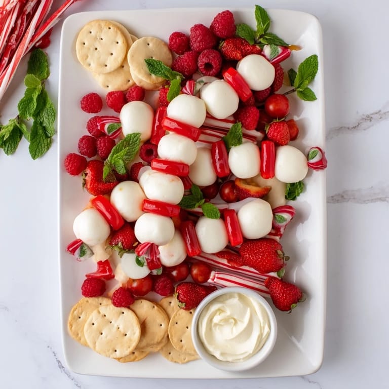 This Festive Red and White Candy Cane Snack Board, with bright red berries, is perfect for a festive party.