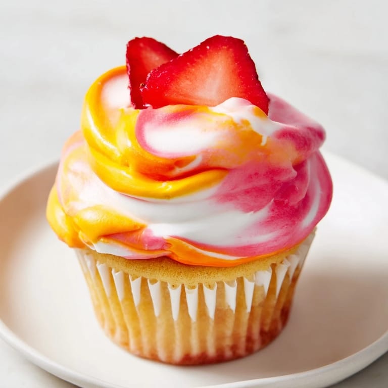 These homemade Mango Strawberry Sunset Cupcakes feature a rich buttercream, perfect for summer celebrations and dessert.
