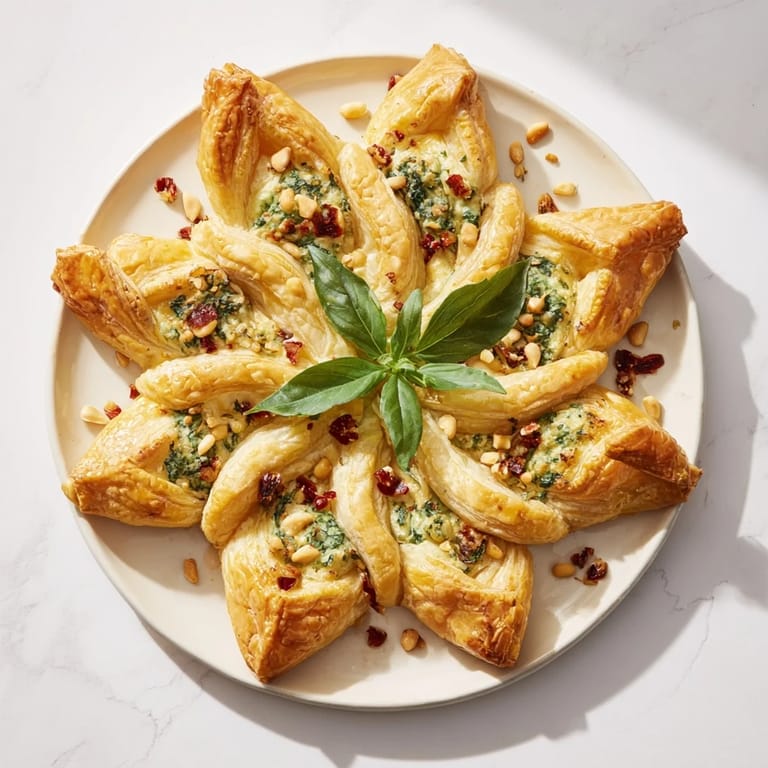 Close-up of a flaky, golden-brown Poinsettia puff pastry, garnished and ready for your holiday party.
