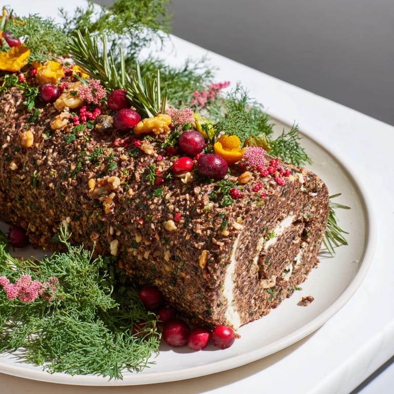 This savory Yuletide Log Cheese Centerpiece shows a detailed, textured roll perfect for a holiday party appetizer display.