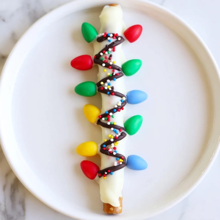 Homemade No-Bake Pretzel Christmas Lights: an array of vibrant candy lights on crisp, salty pretzel sticks.