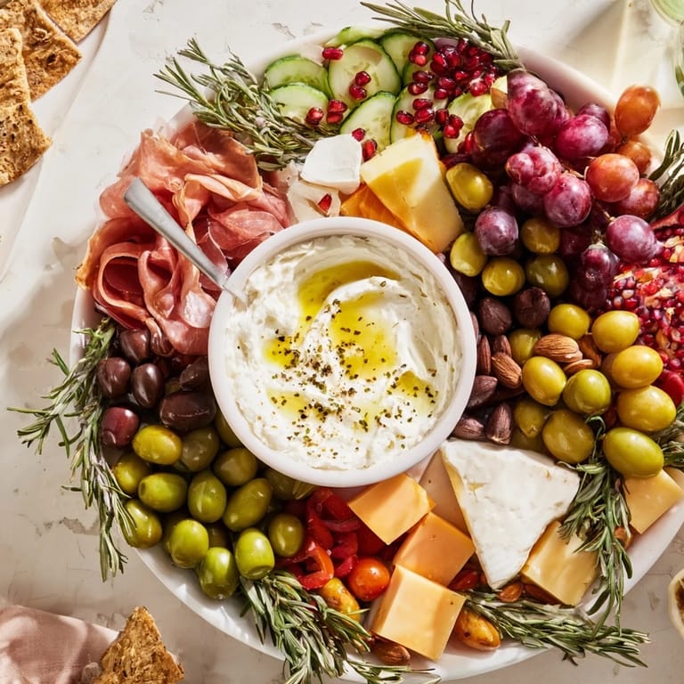 Delicious Evergreen Wreath Board with creamy dip surrounded by vibrant appetizers, ready to serve and enjoy.