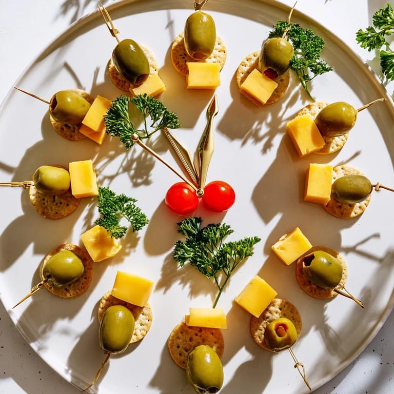 Festive New Years Clock Countdown appetizer: Colorful olives and cheese create a delicious midnight countdown platter.