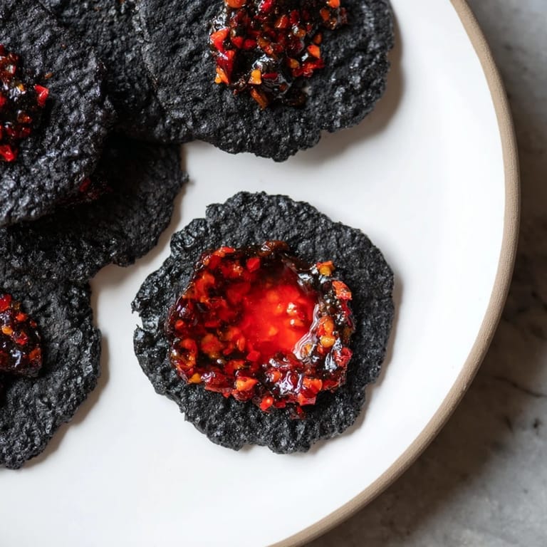 A close-up of The Volcanic Flow appetizer: spicy jelly "lava" erupting from a black cracker crater.