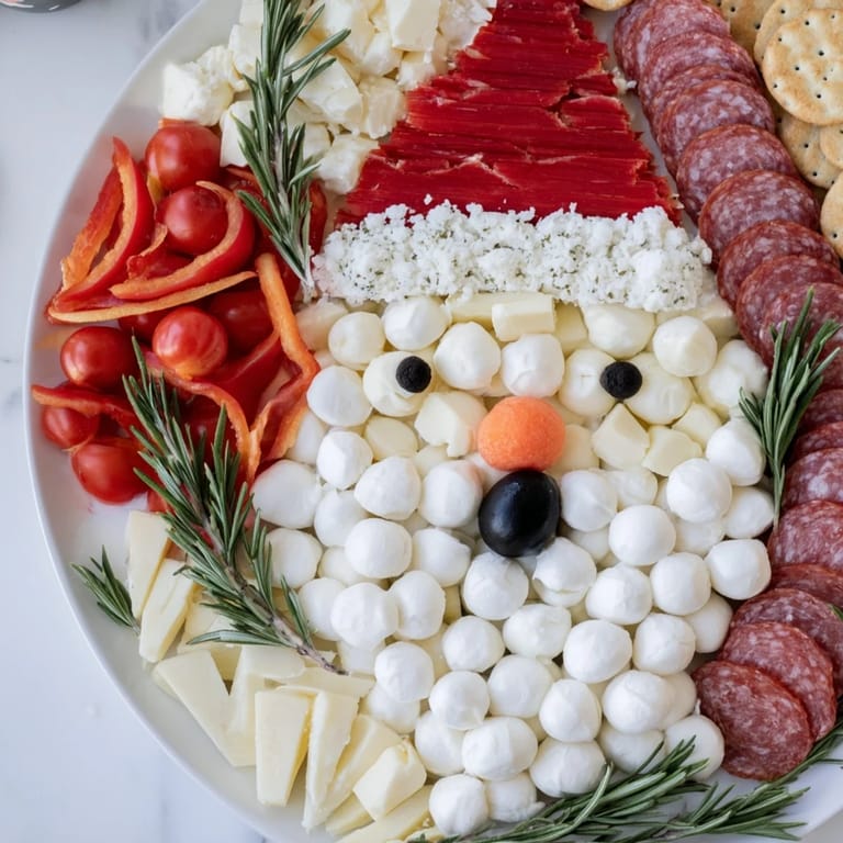Festive Santa's Beard and Hat Board appetizer: creamy cheeses and salami arranged for a holiday celebration.