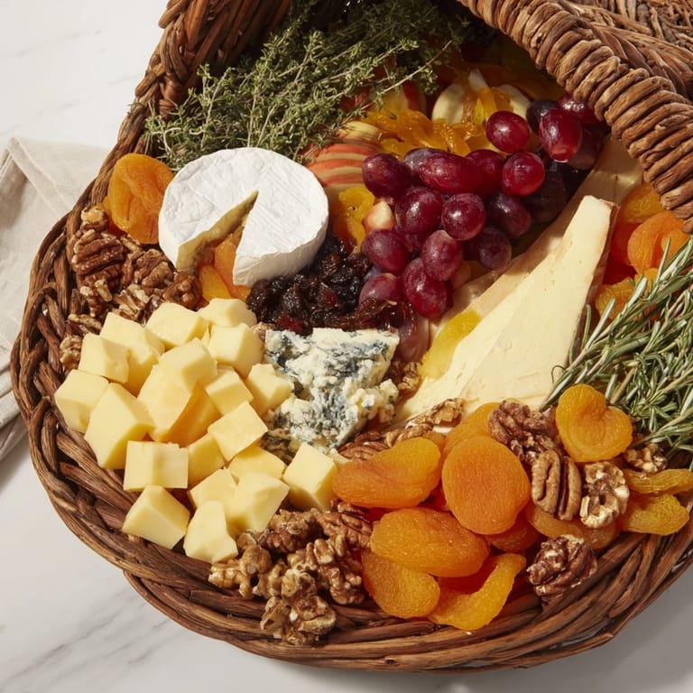 Delicious Autumn Harvest Horn of Plenty appetizer, featuring cheeses, fruits, and crackers arranged for Thanksgiving.