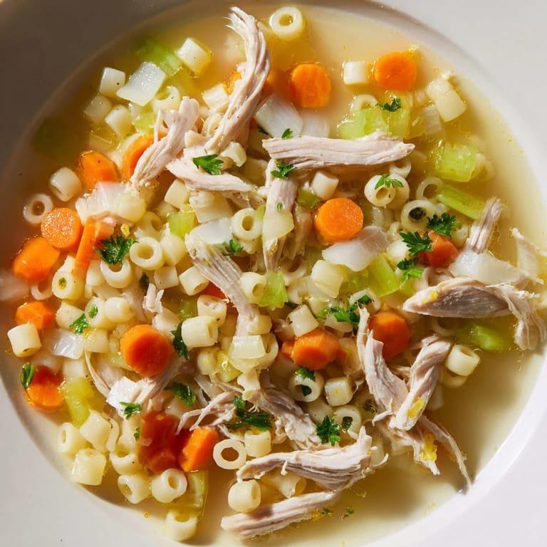 Delicious Chicken and Ditalini Flu Fighter Soup, perfect for a cold day, is ready to be served.