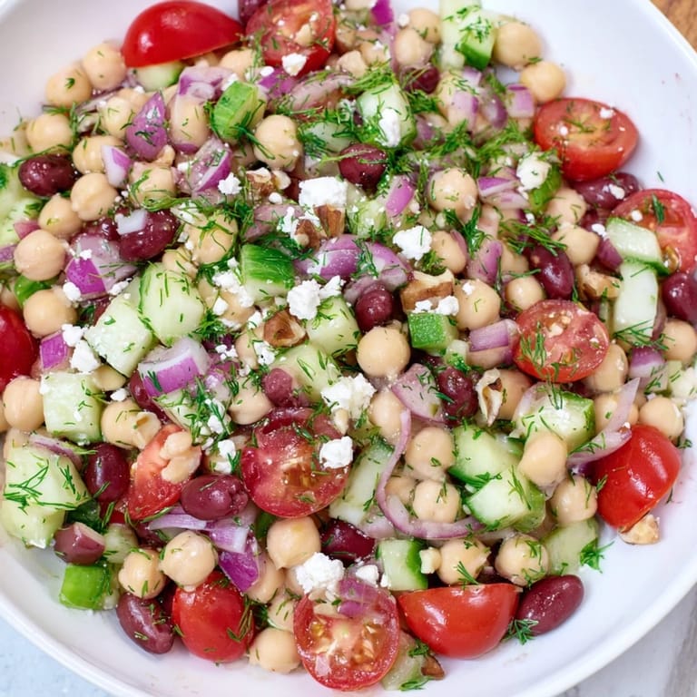 A vibrant bowlful of colorful Dense Bean Salad with Sleepy Girl Mocktail Dressing, inviting you to enjoy this healthy dish.