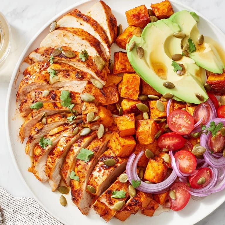 Juicy grilled chicken and creamy avocado star in this flavorful Avocado and Sweet Potato Chicken Bowl.