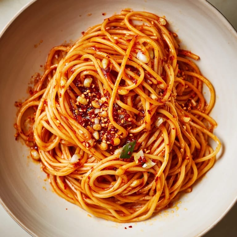 A visually appealing close-up of vibrant Garlic Chili Oil Noodles, ready to be devoured.