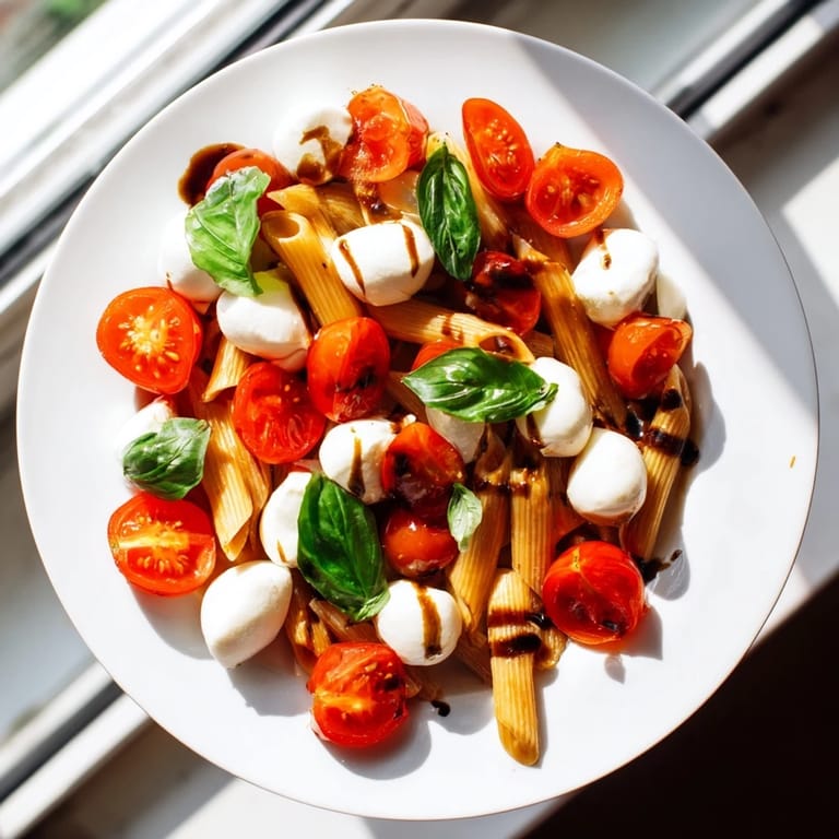 Bright red cherry tomatoes and creamy mozzarella star in this beautiful Caprese Pasta Salad.
