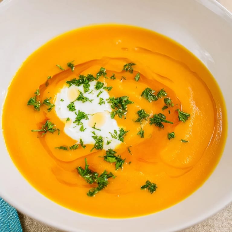 A steaming bowl of vibrant Sweet Maple Carrot Soup, perfect for a cozy, comforting meal.