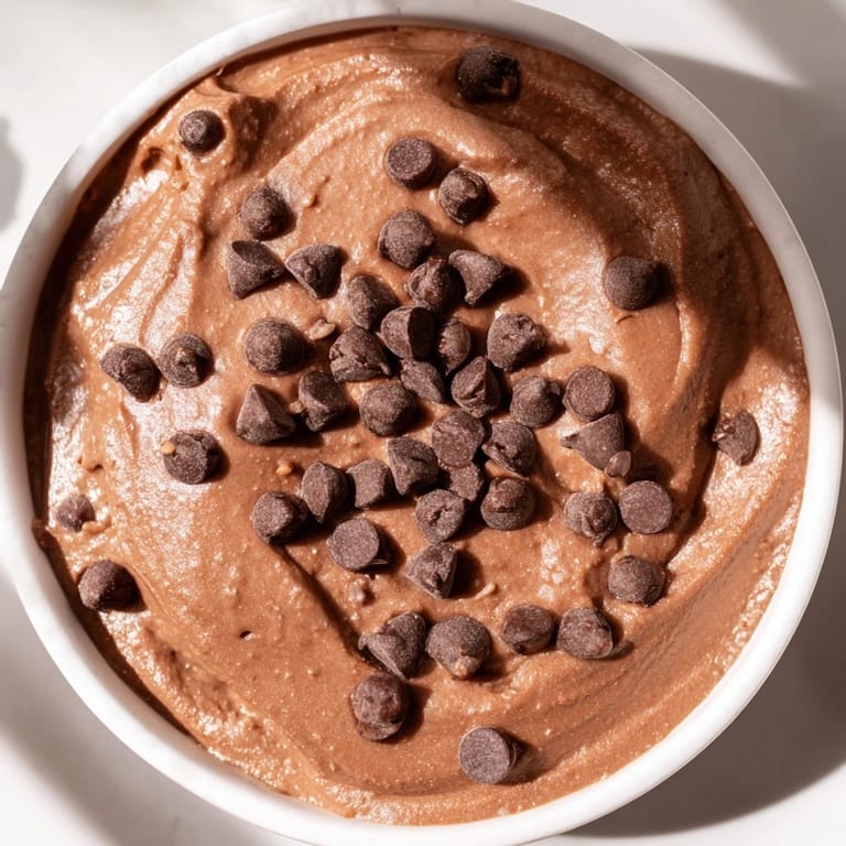 A close-up shot of the gluten-free brownie batter dip, boasting visible mini chocolate chips.