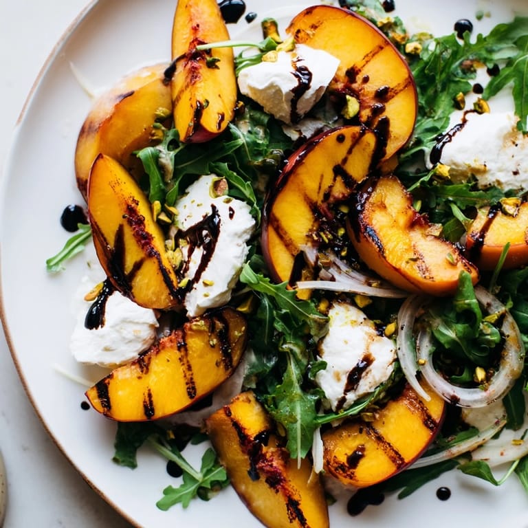 A fresh, colorful Grilled Peach Salad with grilled peach slices, arugula, and creamy burrata cheese.